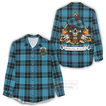 Clergy Tartan Women's Casual Shirt with Family Crest and Bearded Skull Holding Bottles of Whiskey - Tartan Vibes Clothing