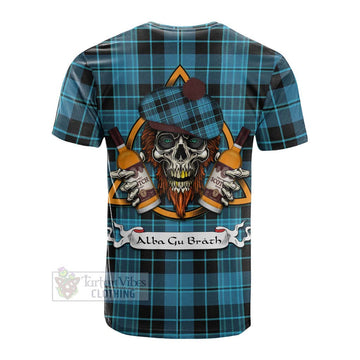 Clergy Tartan Cotton T-shirt with Family Crest and Bearded Skull Holding Bottles of Whiskey