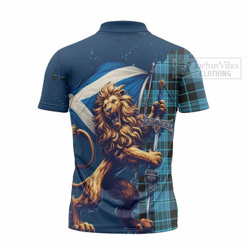 Clergy Tartan Family Crest Zipper Polo Shirt with Scottish Majestic Lion - Tartan Vibes Clothing