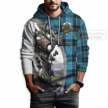 Clergy Tartan Hoodie with Family Crest and St. Andrew's Cross Accented by Thistle Vines - Tartan Vibes Clothing