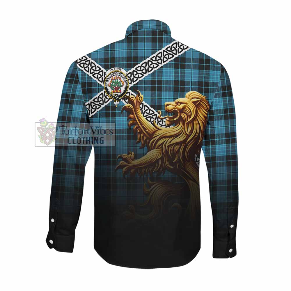 Clergy Crest Tartan Long Sleeve Button Shirt with Golden Lion Emblem Celtic Style Men's Shirt - Tartan Vibes Clothing