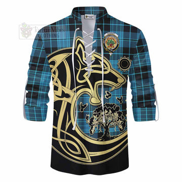 Clergy Tartan Ghillie Kilt Shirt with Family Crest Celtic Wolf Style - Tartan Vibes Clothing
