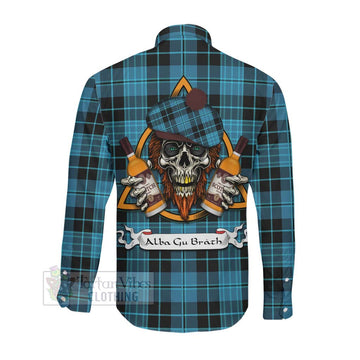 Clergy Tartan Long Sleeve Button Shirt with Family Crest and Bearded Skull Holding Bottles of Whiskey Men's Shirt - Tartan Vibes Clothing