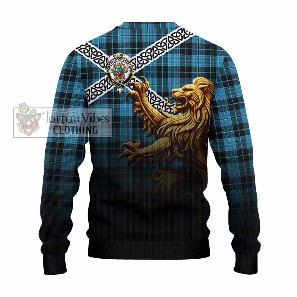 Clergy Crest Tartan Knitted Sweater with Golden Lion Emblem Celtic Style - Tartan Vibes Clothing