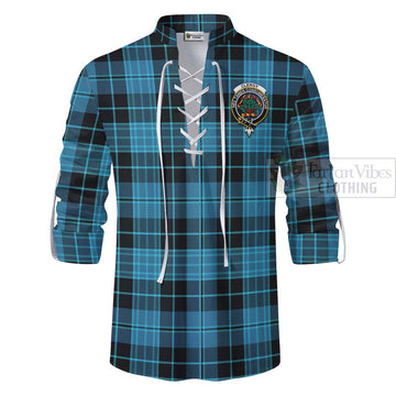 Clergy Tartan Ghillie Kilt Shirt with Family Crest Celtic Skull Style - Tartan Vibes Clothing