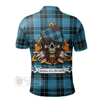 Clergy Tartan Polo Shirt with Family Crest and Bearded Skull Holding Bottles of Whiskey - Tartan Vibes Clothing
