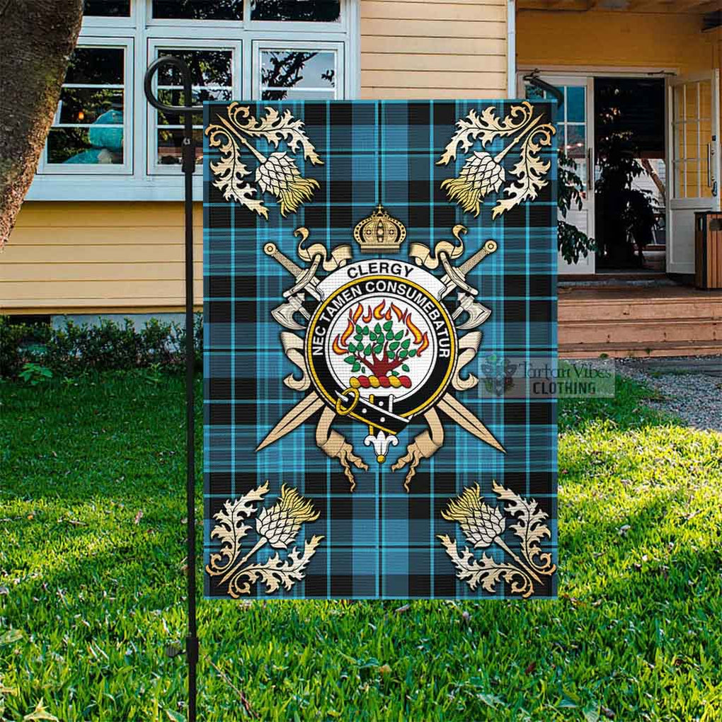 Tartan Vibes Clothing Clergy Tartan Flag with Family Crest and Golden Thistle Crossed Sword Design