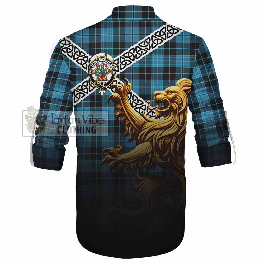 Tartan Vibes Clothing Clergy Crest Tartan Ghillie Kilt Shirt with Golden Lion Emblem Celtic Style