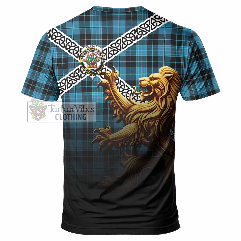 Clergy Crest Tartan T-Shirt with Golden Lion Emblem Celtic Style - Tartan Vibes Clothing