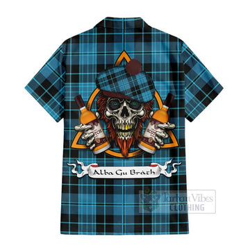 Clergy Tartan Hawaiian Shirt with Family Crest and Bearded Skull Holding Bottles of Whiskey - Tartan Vibes Clothing