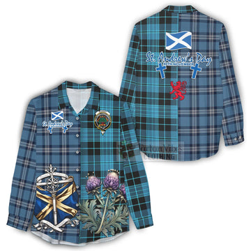 Clergy Tartan Women's Casual Shirt Happy St. Andrew's Day Half Tartan Style - Tartan Vibes Clothing