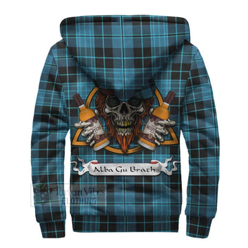 Clergy Tartan Sherpa Hoodie with Family Crest and Bearded Skull Holding Bottles of Whiskey - Tartan Vibes Clothing