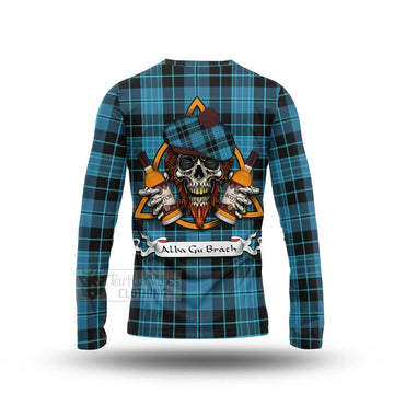 Clergy Tartan Long Sleeve T-Shirt with Family Crest and Bearded Skull Holding Bottles of Whiskey - Tartan Vibes Clothing
