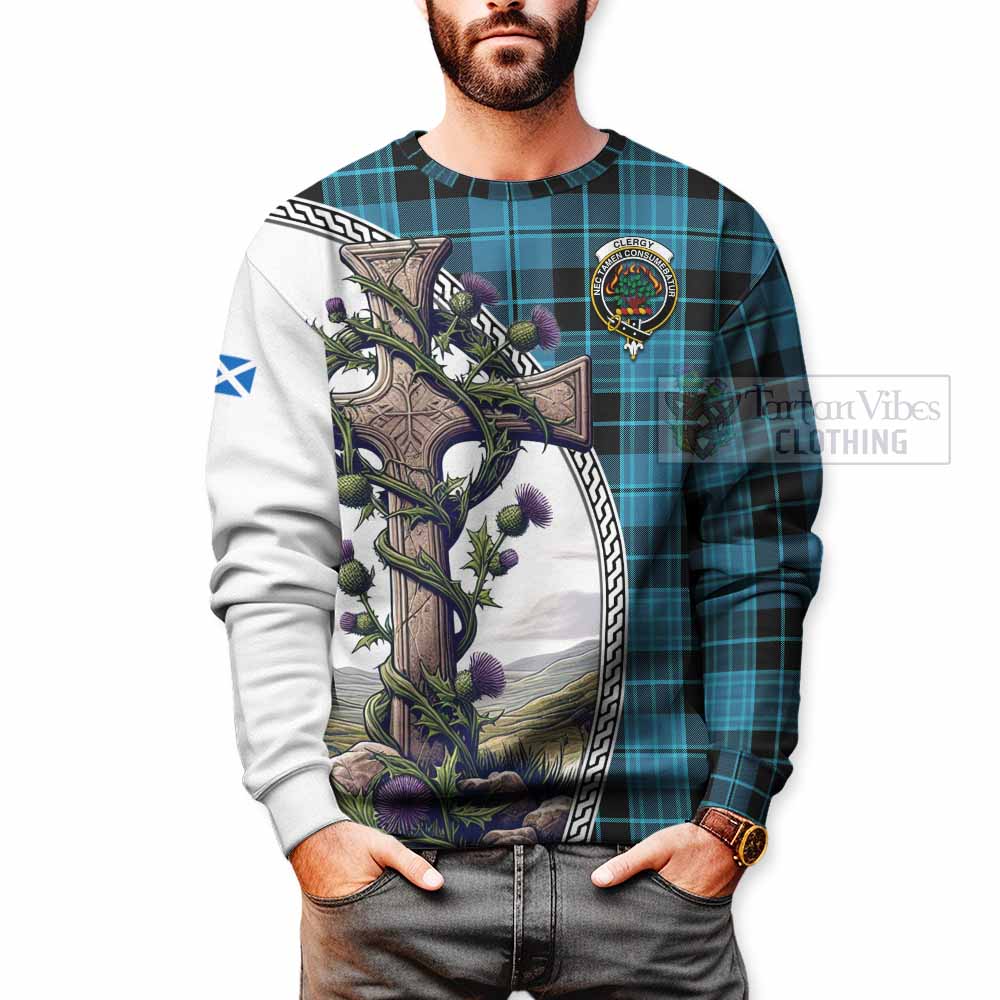 Clergy Tartan Sweatshirt with Family Crest and St. Andrew's Cross Accented by Thistle Vines - Tartan Vibes Clothing