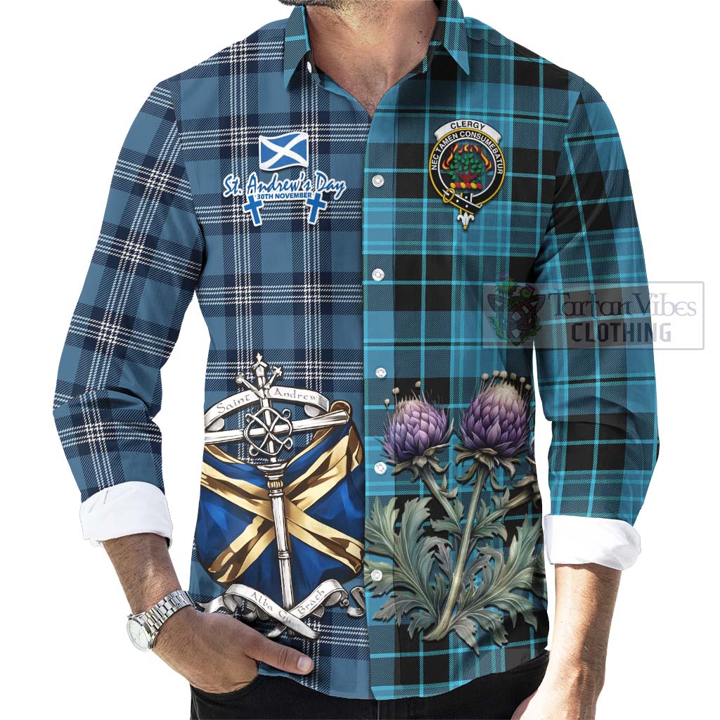 Clergy Tartan Long Sleeve Button Shirt Happy St. Andrew's Day Half Tartan Style - Tartan Vibes Clothing