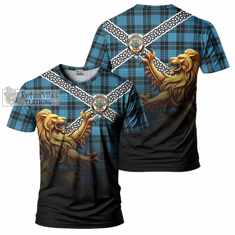 Clergy Crest Tartan T-Shirt with Golden Lion Emblem Celtic Style - Tartan Vibes Clothing