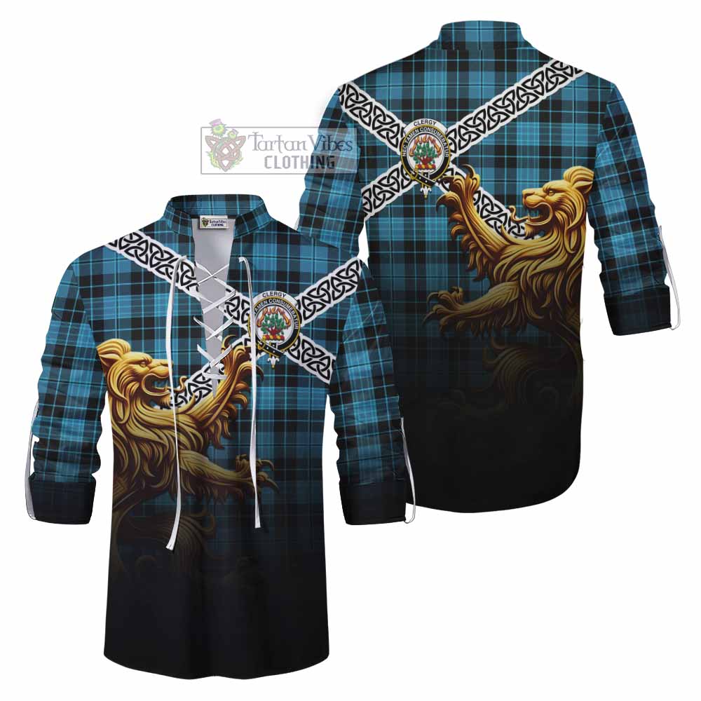 Tartan Vibes Clothing Clergy Crest Tartan Ghillie Kilt Shirt with Golden Lion Emblem Celtic Style