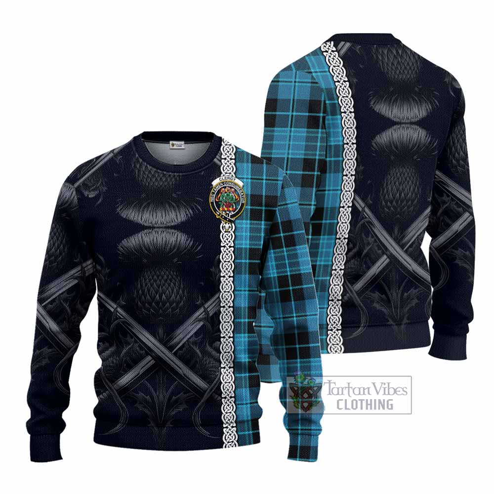 Clergy Tartan Knitted Sweater with Family Crest Cross Sword Thistle Celtic Vibes - Tartan Vibes Clothing