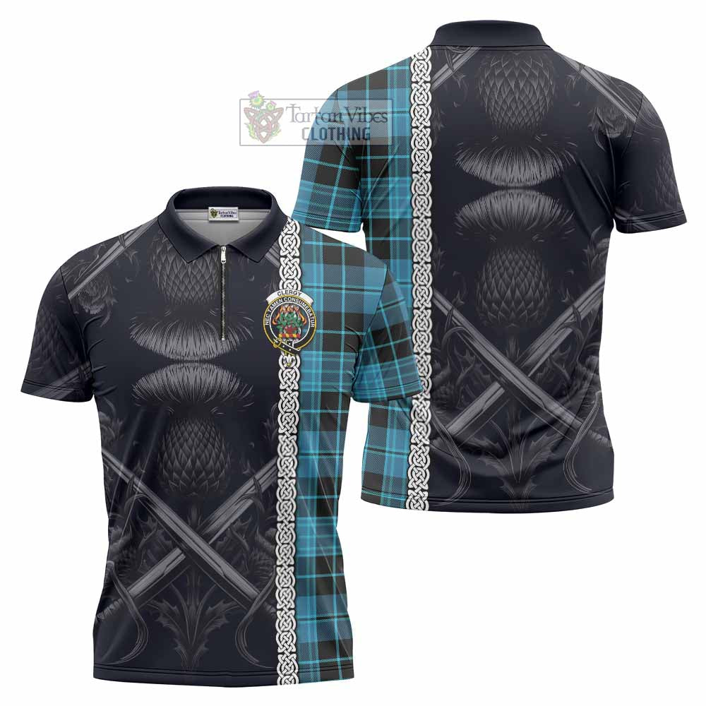 Tartan Vibes Clothing Clergy Tartan Zipper Polo Shirt with Family Crest Cross Sword Thistle Celtic Vibes