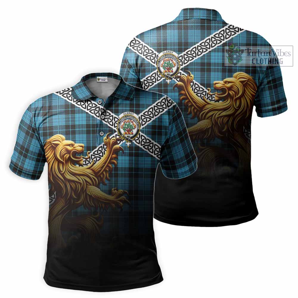 Clergy Crest Tartan Polo Shirt with Golden Lion Emblem Celtic Style - Tartan Vibes Clothing