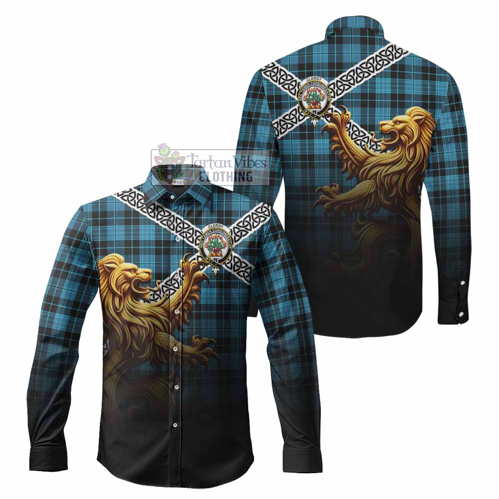 Clergy Crest Tartan Long Sleeve Button Shirt with Golden Lion Emblem Celtic Style - Tartan Vibes Clothing