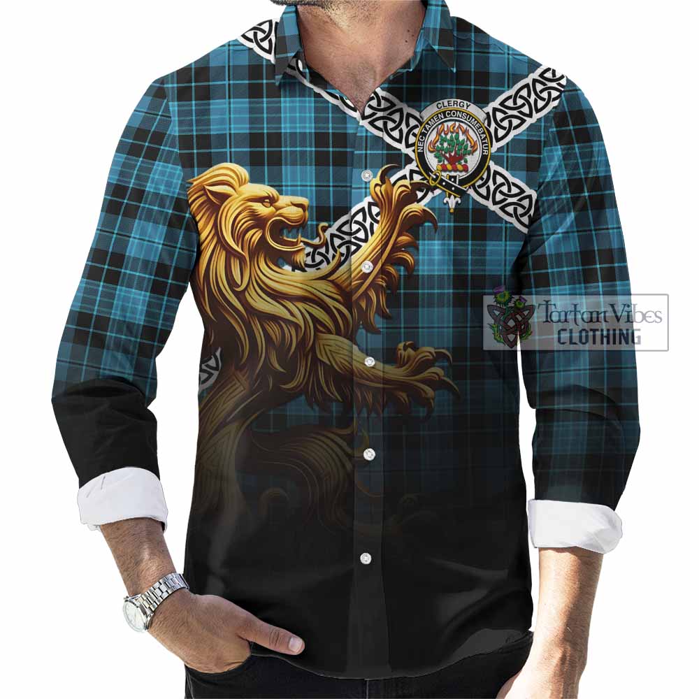 Clergy Crest Tartan Long Sleeve Button Shirt with Golden Lion Emblem Celtic Style - Tartan Vibes Clothing
