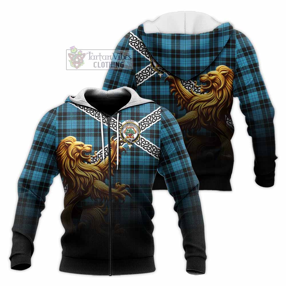 Clergy Crest Tartan Knitted Hoodie with Golden Lion Emblem Celtic Style Unisex Knitted Zip Hoodie - Tartan Vibes Clothing