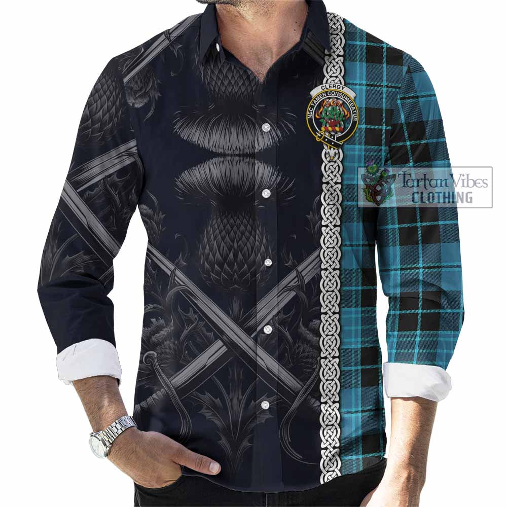 Tartan Vibes Clothing Clergy Tartan Long Sleeve Button Shirt with Family Crest Cross Sword Thistle Celtic Vibes
