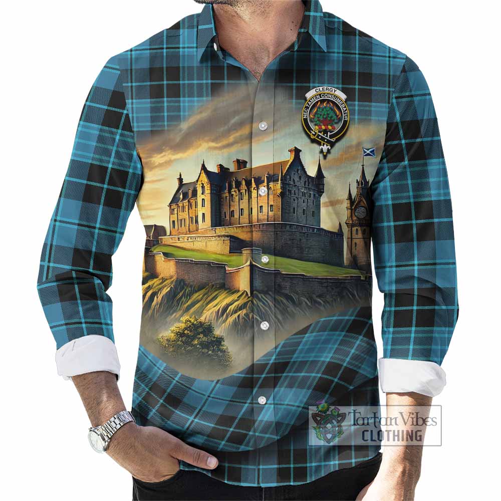 Tartan Vibes Clothing Clergy Tartan Family Crest Long Sleeve Button Shirt with Scottish Ancient Castle Style