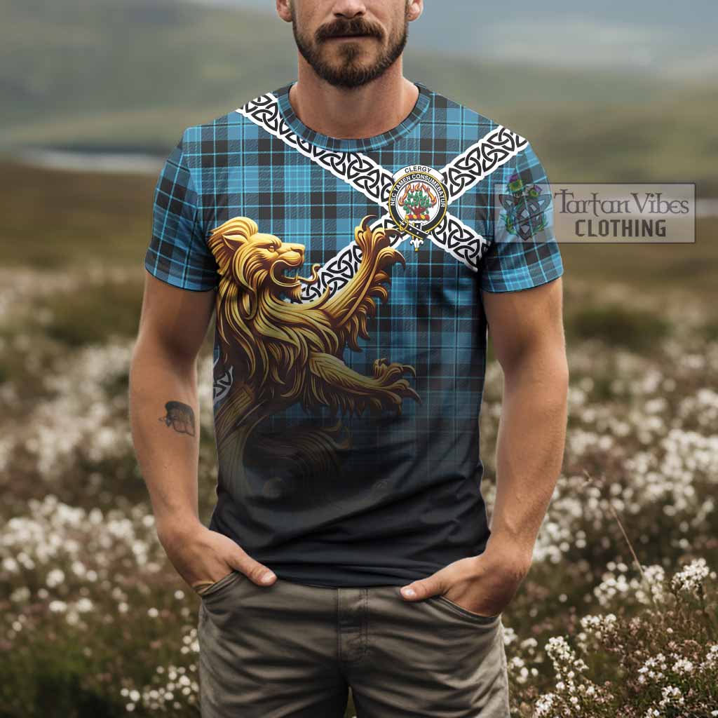 Clergy Crest Tartan T-Shirt with Golden Lion Emblem Celtic Style - Tartan Vibes Clothing