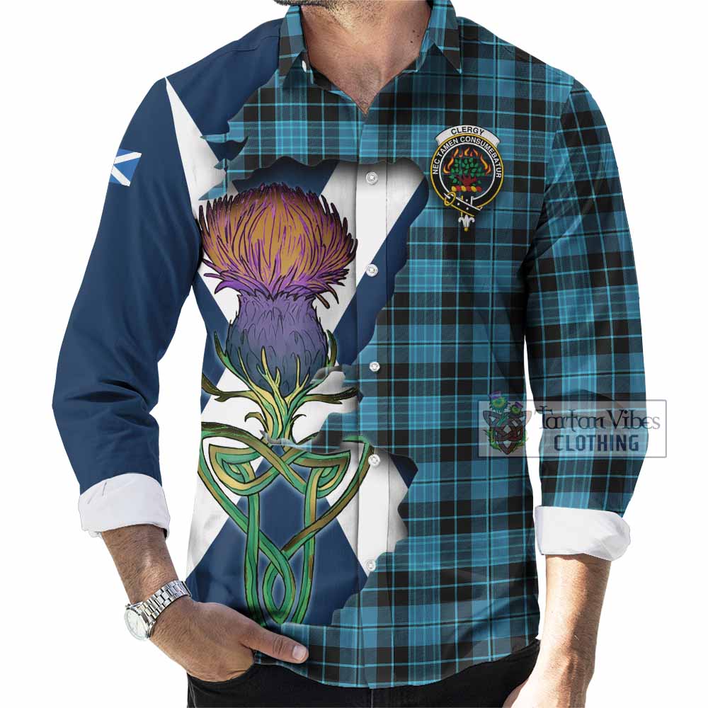 Tartan Vibes Clothing Clergy Tartan Family Crest Long Sleeve Button Shirt Scottish Thistle Celtic Inspired
