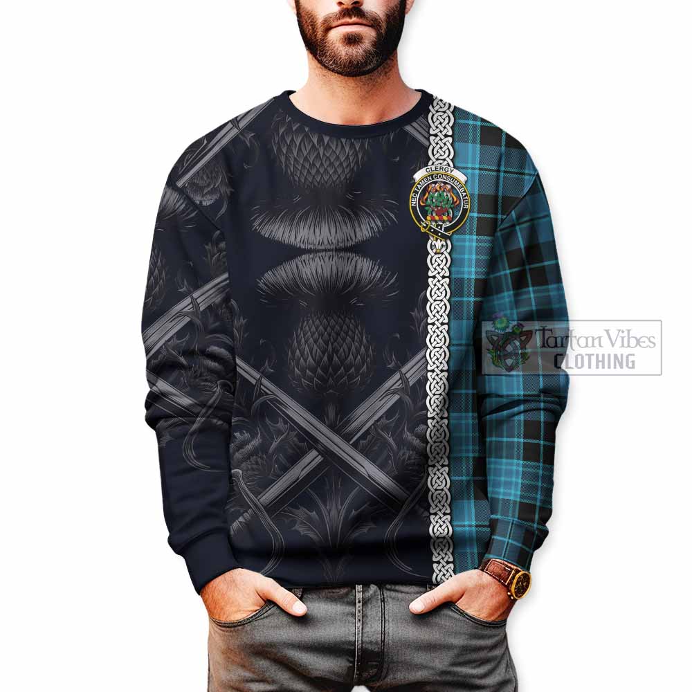 Clergy Tartan Sweatshirt with Family Crest Cross Sword Thistle Celtic Vibes - Tartan Vibes Clothing