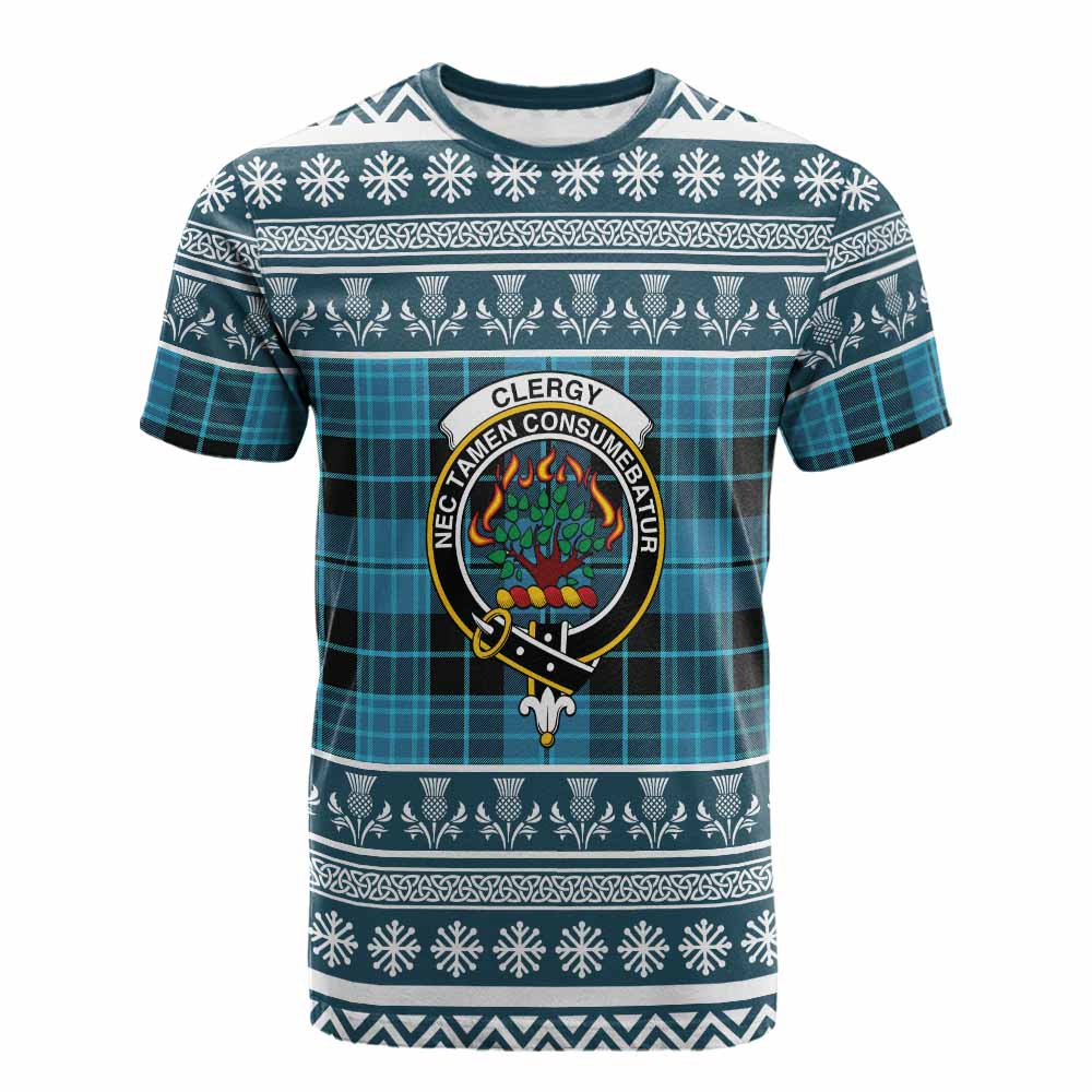 Clergy Clan Tartan Christmas Cotton T-shirt with Family Crest - Tartan Vibes Clothing