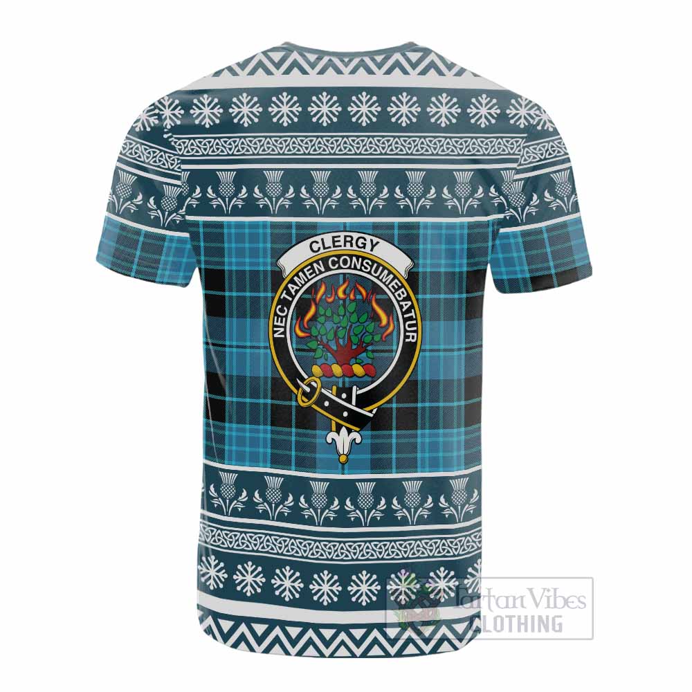 Clergy Clan Tartan Christmas Cotton T-shirt with Family Crest - Tartan Vibes Clothing