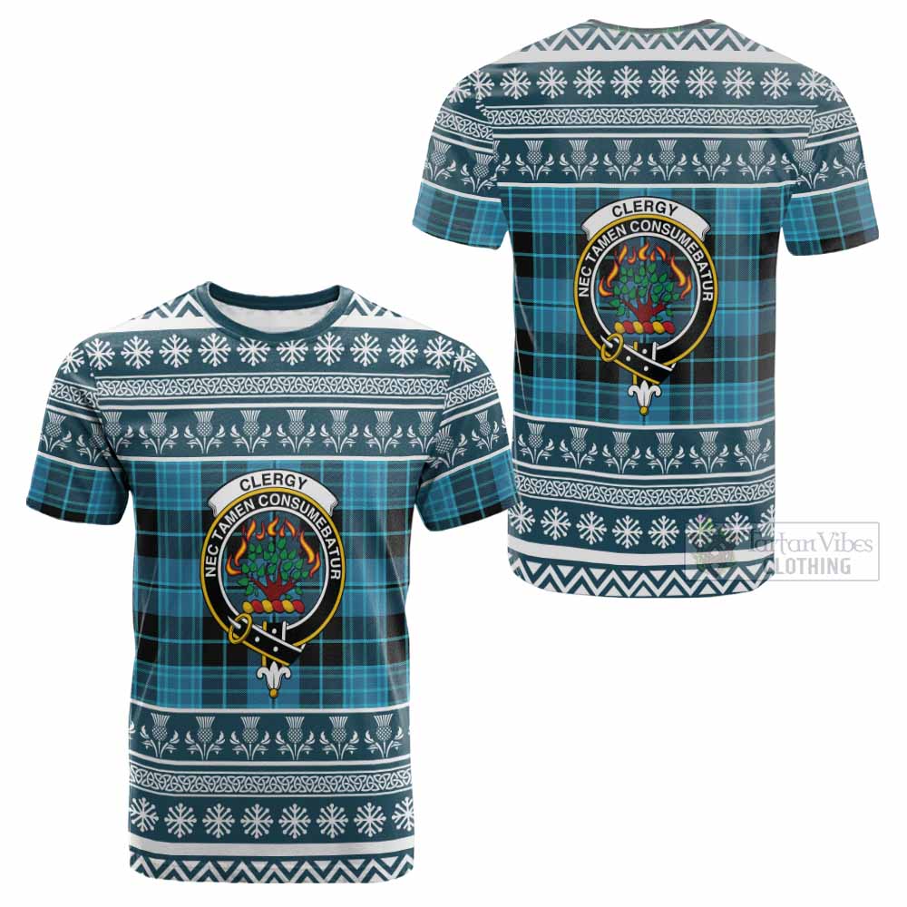 Clergy Clan Tartan Christmas Cotton T-shirt with Family Crest - Tartan Vibes Clothing