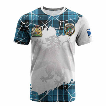 Clergy Tartan Cotton T-shirt with Family Crest and Lion Rampant Grunge Style