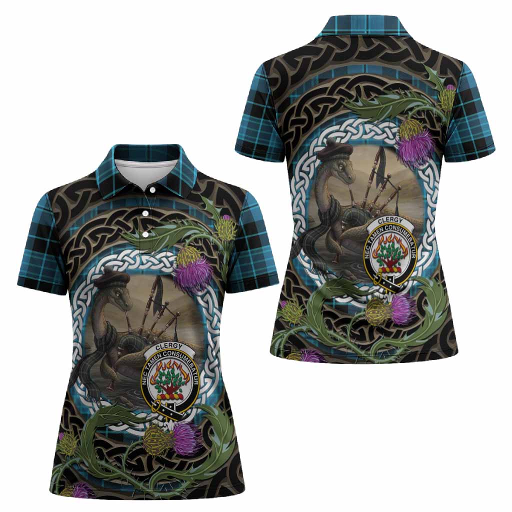 Clergy Tartan Crest Bagpipe Nessie Women Polo Shirt Scottish Loch Ness Monster Celtic Thistle