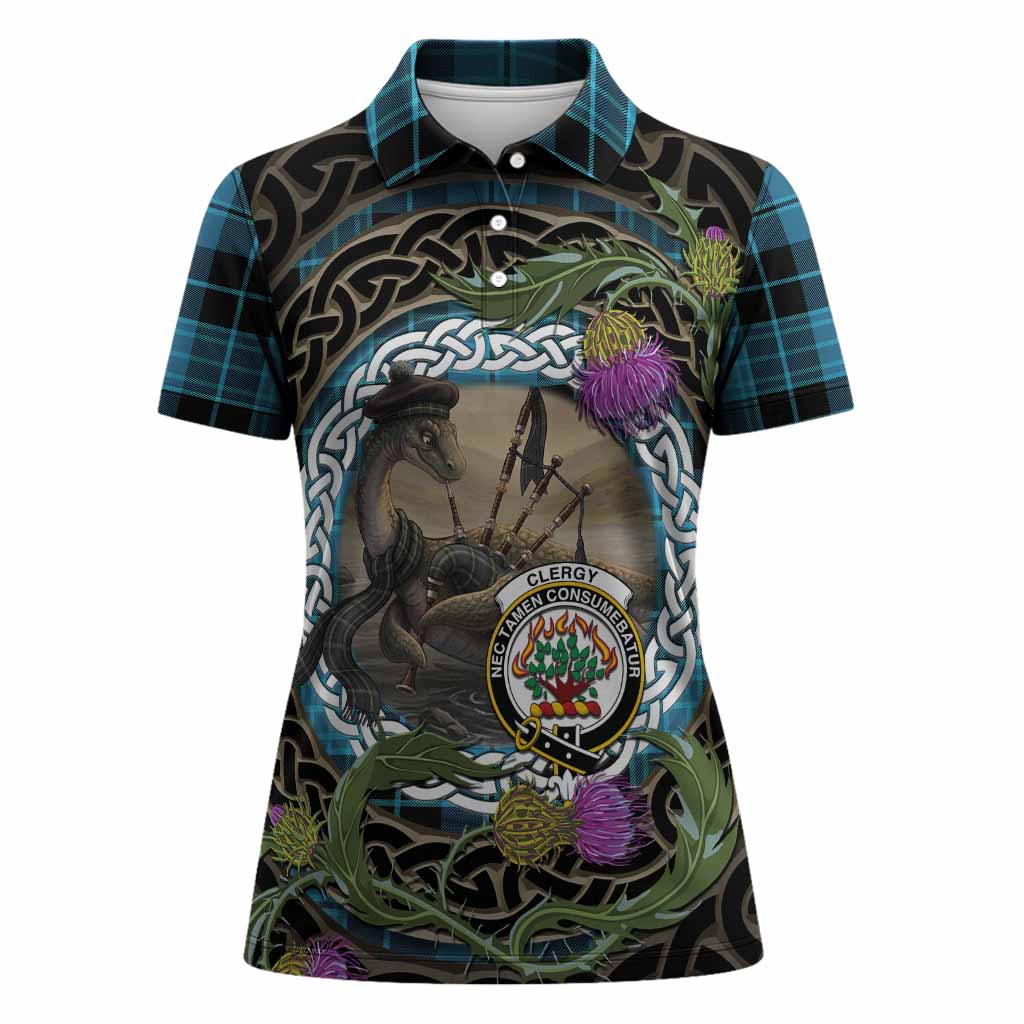 Clergy Tartan Crest Bagpipe Nessie Women Polo Shirt Scottish Loch Ness Monster Celtic Thistle