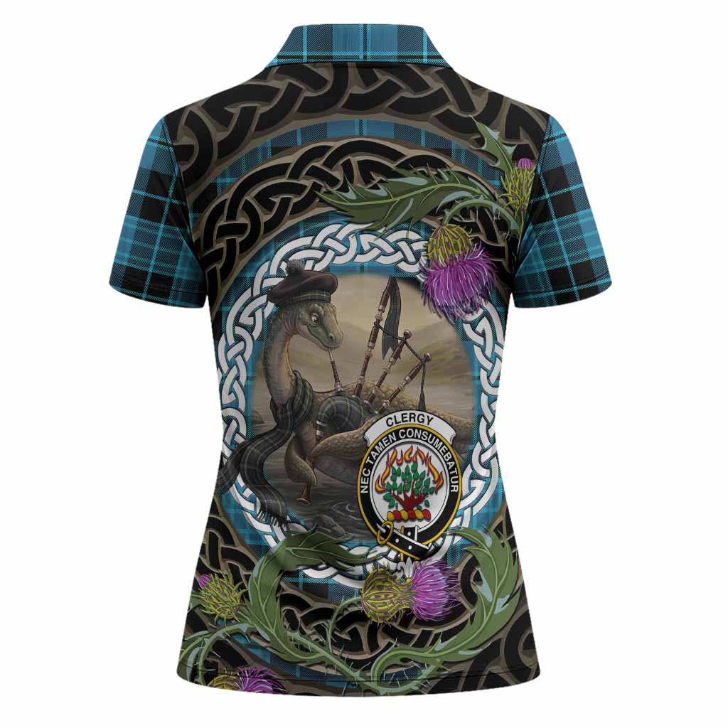 Clergy Tartan Crest Bagpipe Nessie Women Polo Shirt Scottish Loch Ness Monster Celtic Thistle