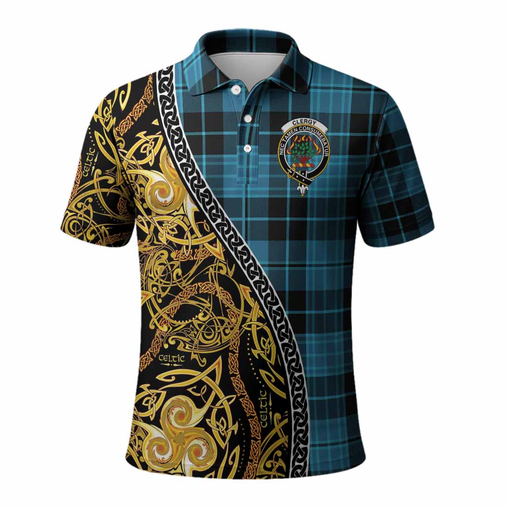 Clergy Tartan Crest Polo Shirt Celtic Knot and Triple Trickle Spiral Symbols