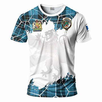 Clergy Tartan T-Shirt with Family Crest and Lion Rampant Grunge Style