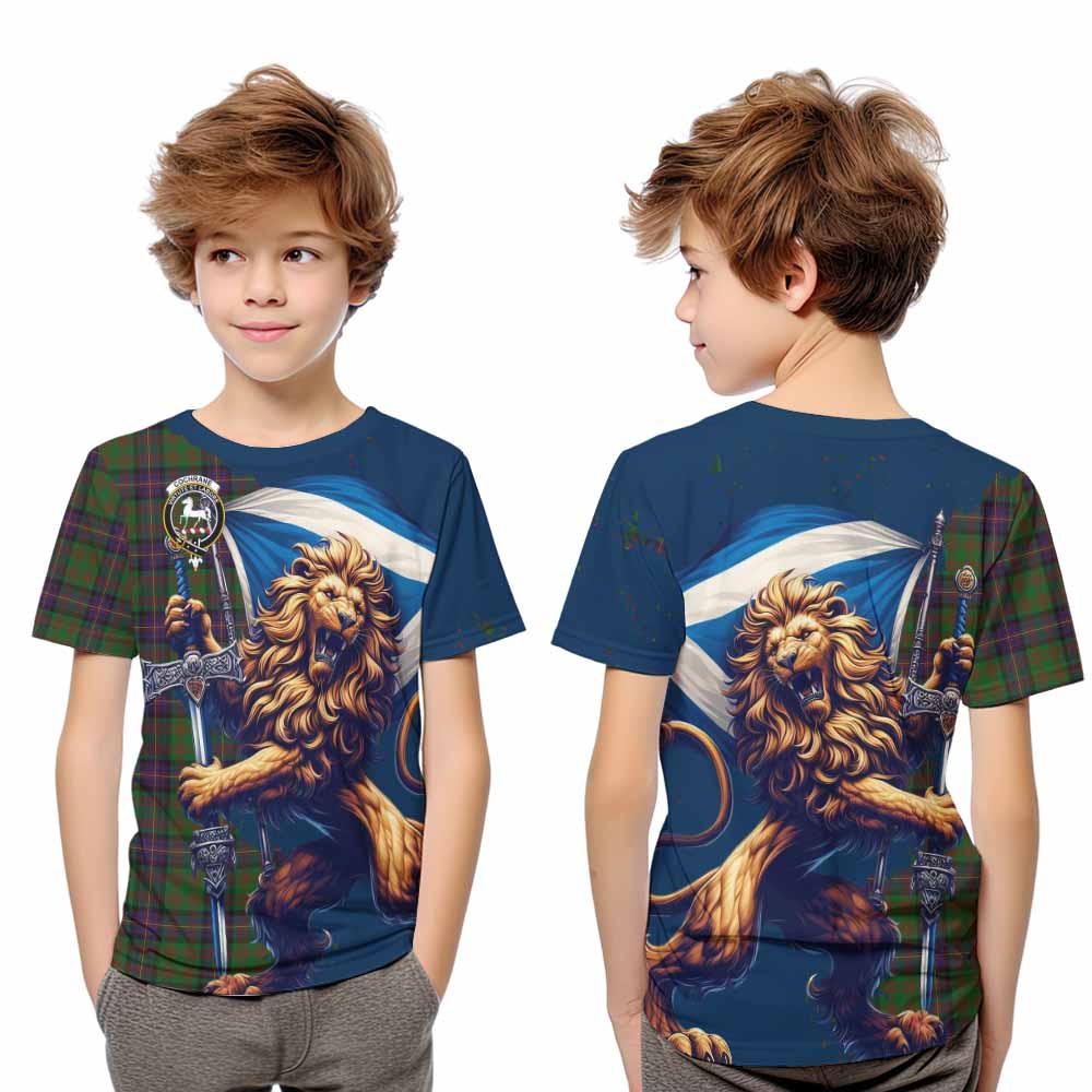 Tartan Vibes Clothing Cochrane Tartan Family Crest Kid T-Shirt with Scottish Majestic Lion