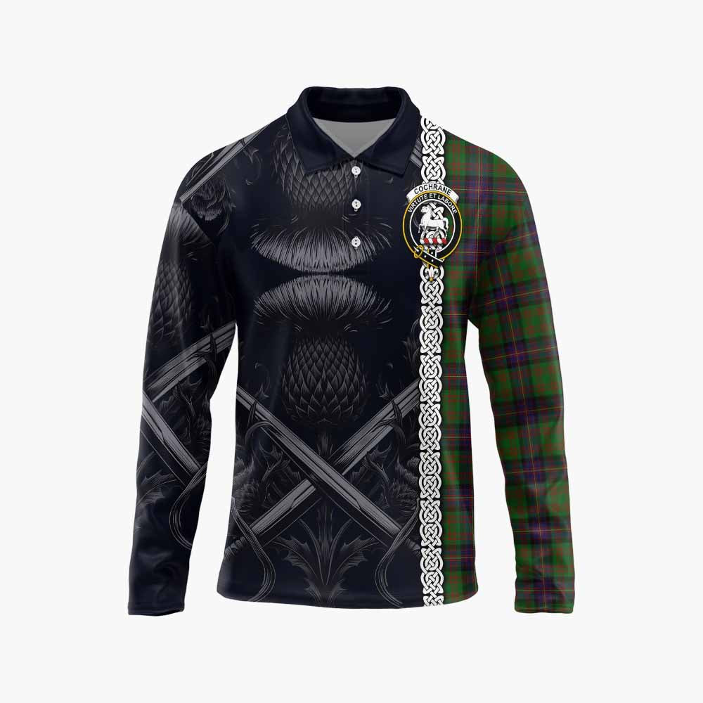 Tartan Vibes Clothing Cochrane Tartan Long Sleeve Polo Shirt with Family Crest Cross Sword Thistle Celtic Vibes