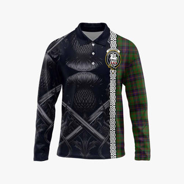 Tartan Vibes Clothing Cochrane Tartan Long Sleeve Polo Shirt with Family Crest Cross Sword Thistle Celtic Vibes
