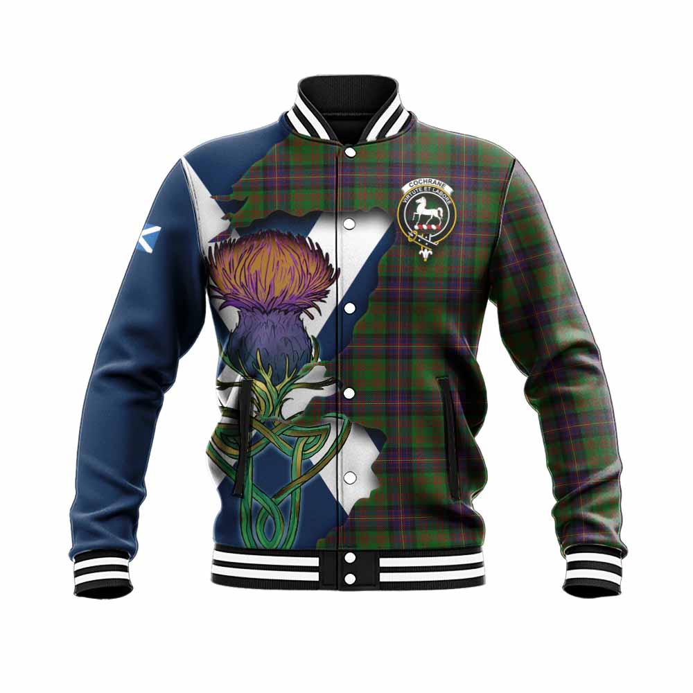 Tartan Vibes Clothing Cochrane Tartan Family Crest Baseball Jacket Scottish Thistle Celtic Inspired