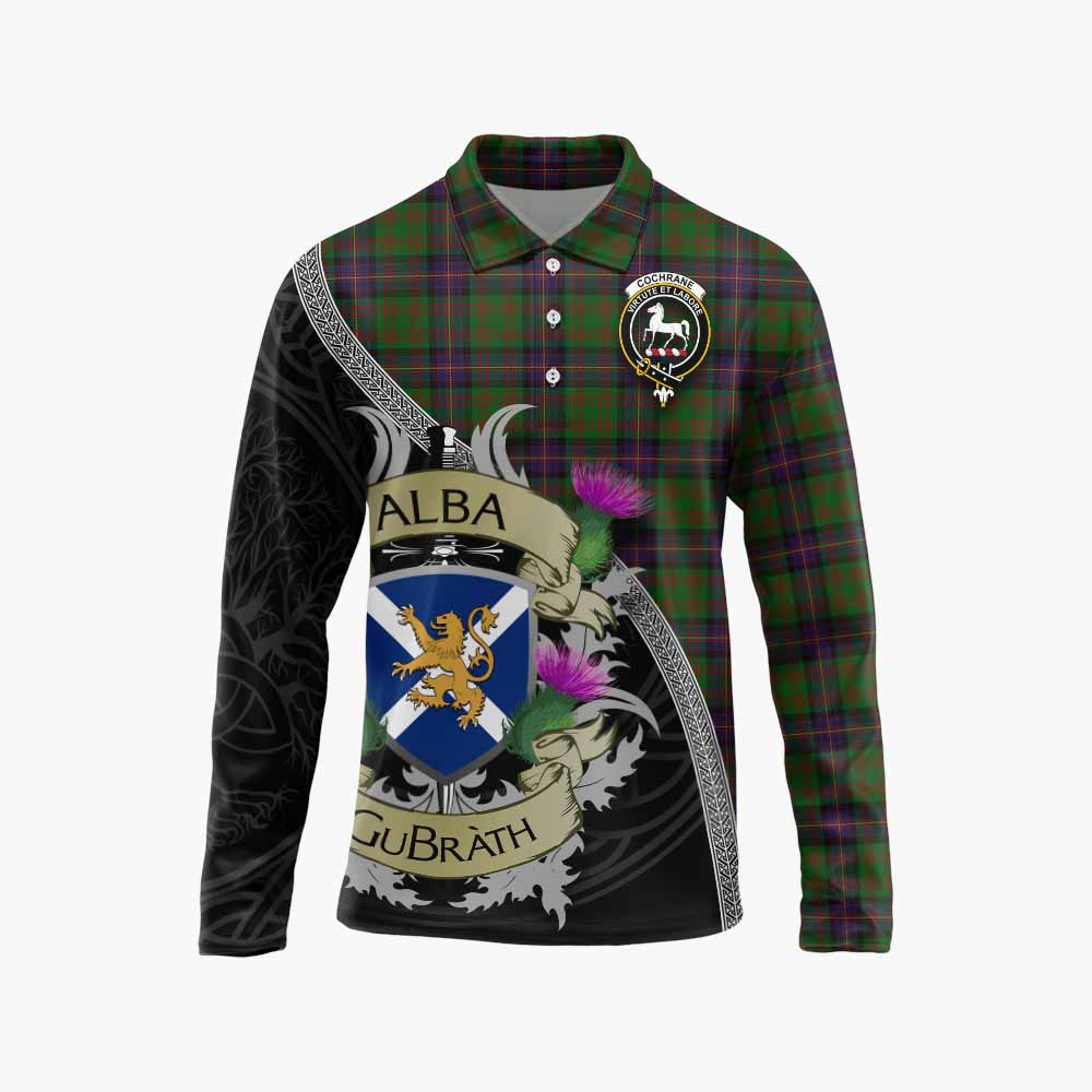 Tartan Vibes Clothing Cochrane Tartan Family Crest Long Sleeve Polo Shirt Lion Rampant Royal Thistle Shield Celtic Inspired