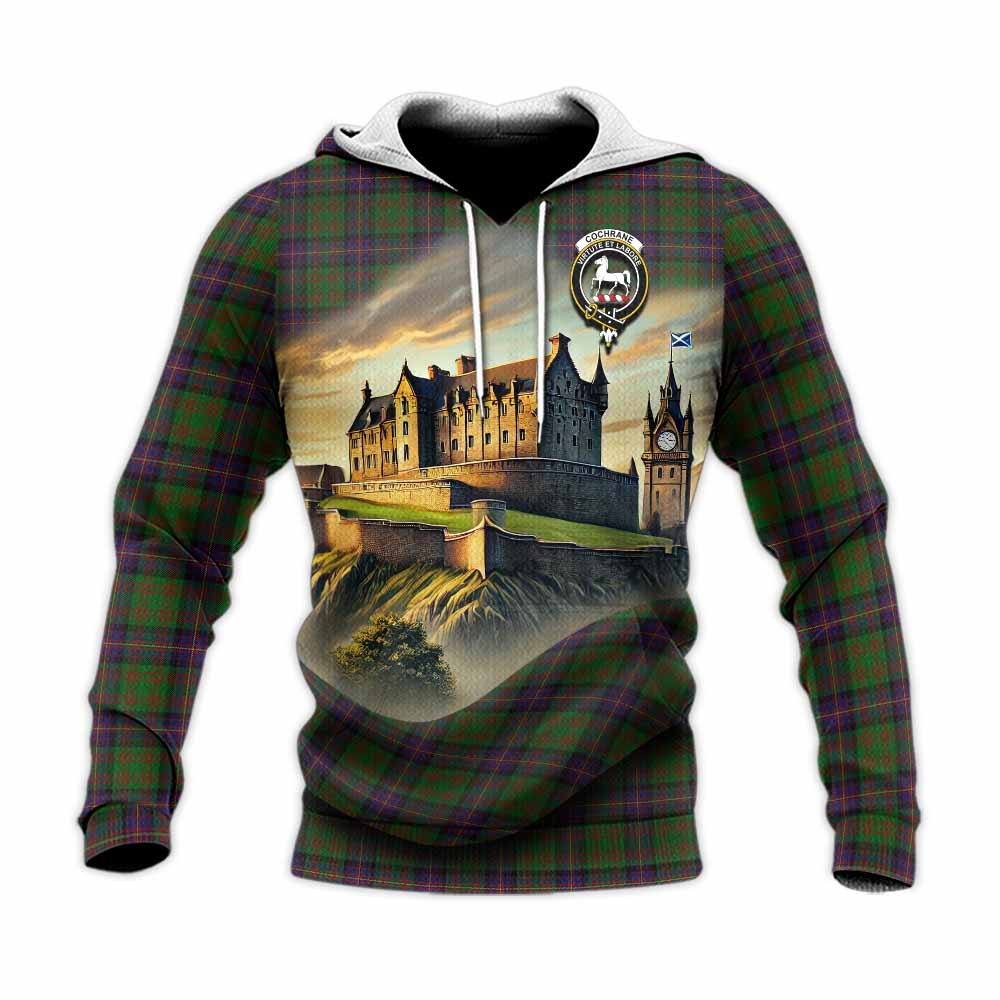 Tartan Vibes Clothing Cochrane Tartan Family Crest Knitted Hoodie with Scottish Ancient Castle Style