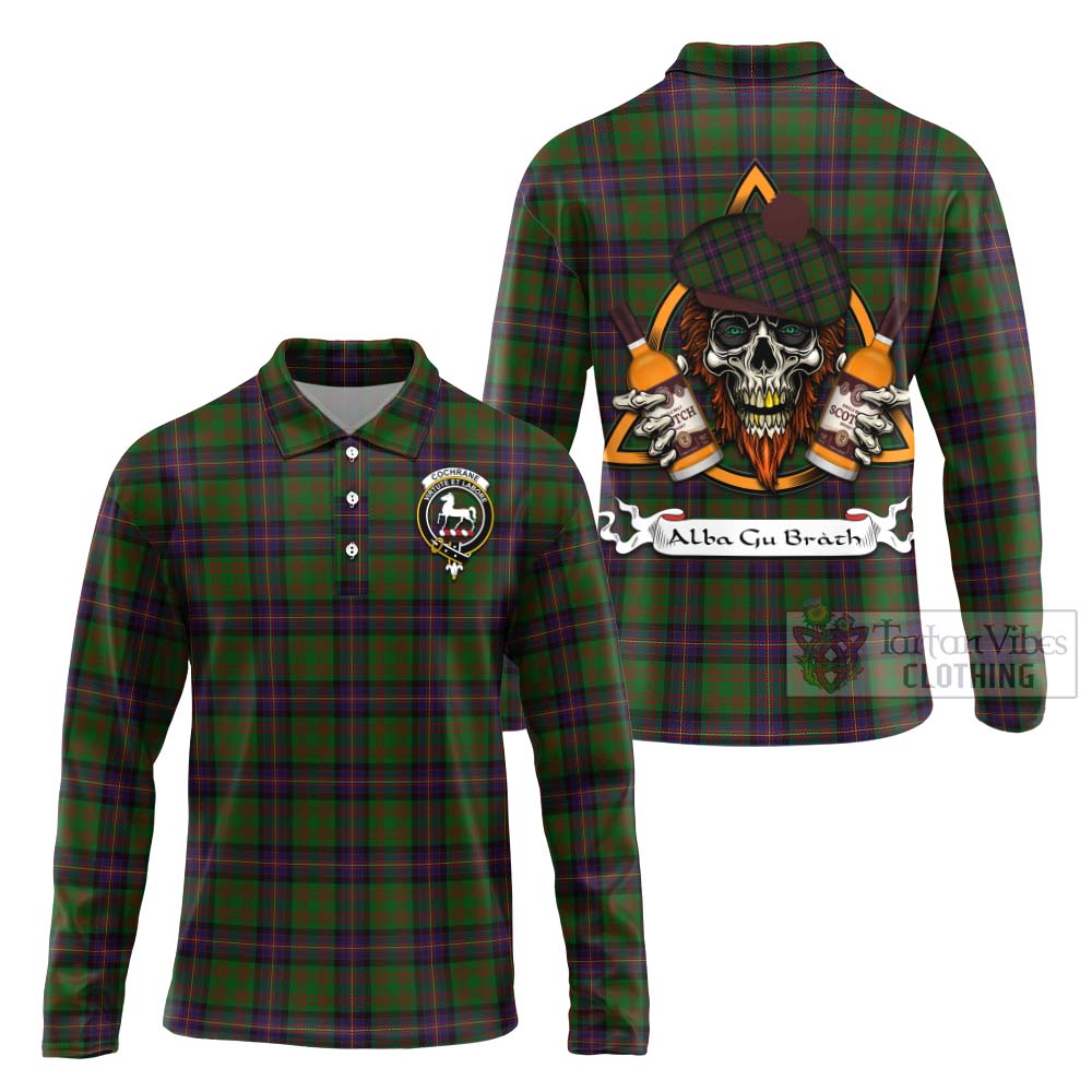 Tartan Vibes Clothing Cochrane Tartan Long Sleeve Polo Shirt with Family Crest and Bearded Skull Holding Bottles of Whiskey