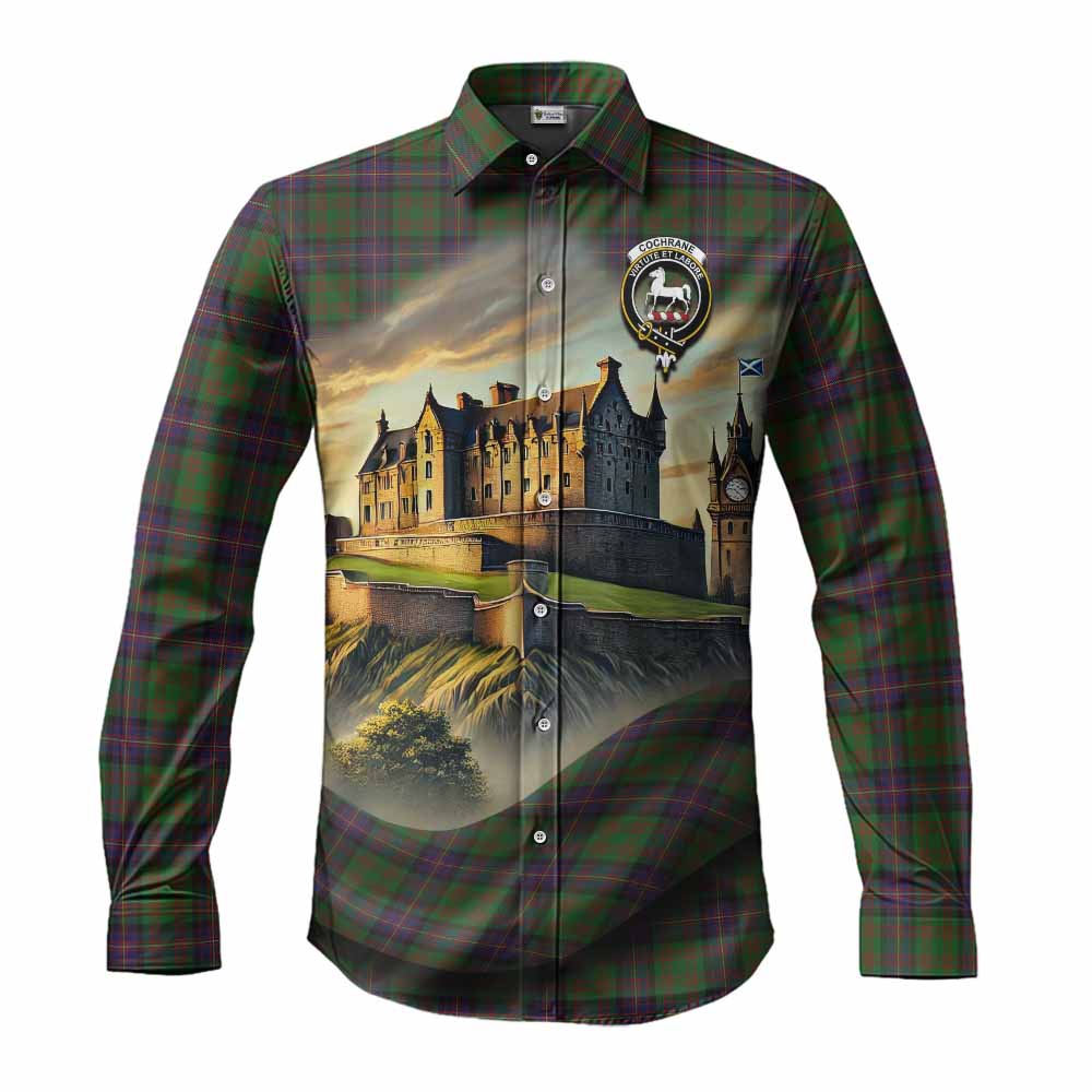 Tartan Vibes Clothing Cochrane Tartan Family Crest Long Sleeve Button Shirt with Scottish Ancient Castle Style