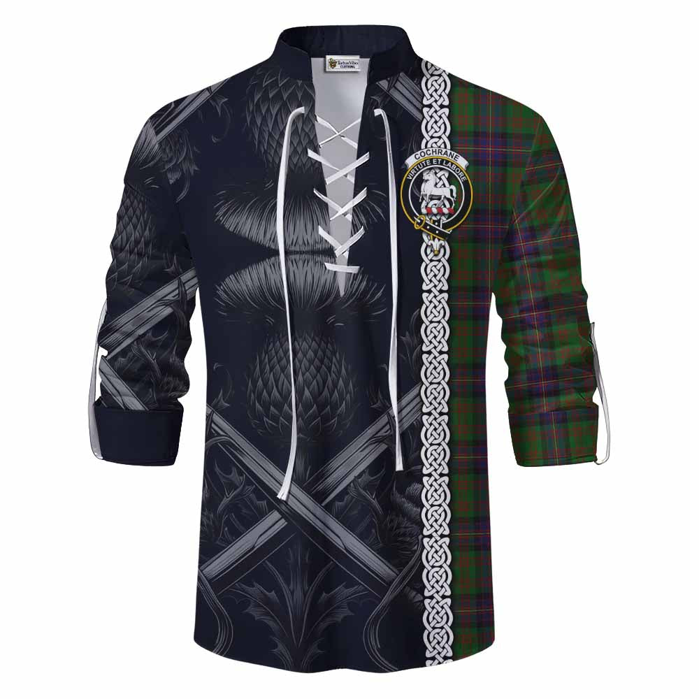 Tartan Vibes Clothing Cochrane Tartan Ghillie Kilt Shirt with Family Crest Cross Sword Thistle Celtic Vibes